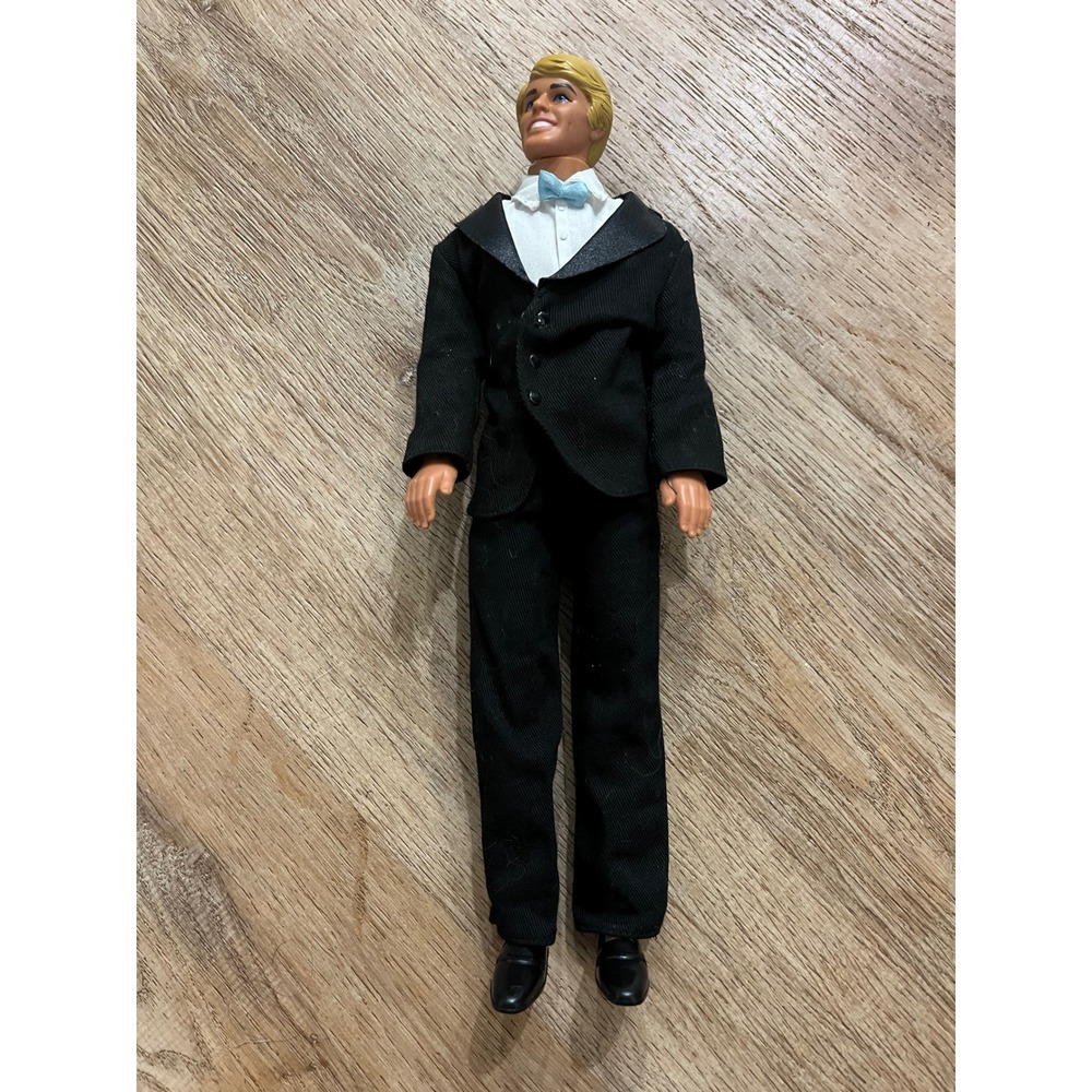 Vintage Mattel Ken Doll in Black Tuxedo Formal Suit Blue Bow Tie Blonde Hair